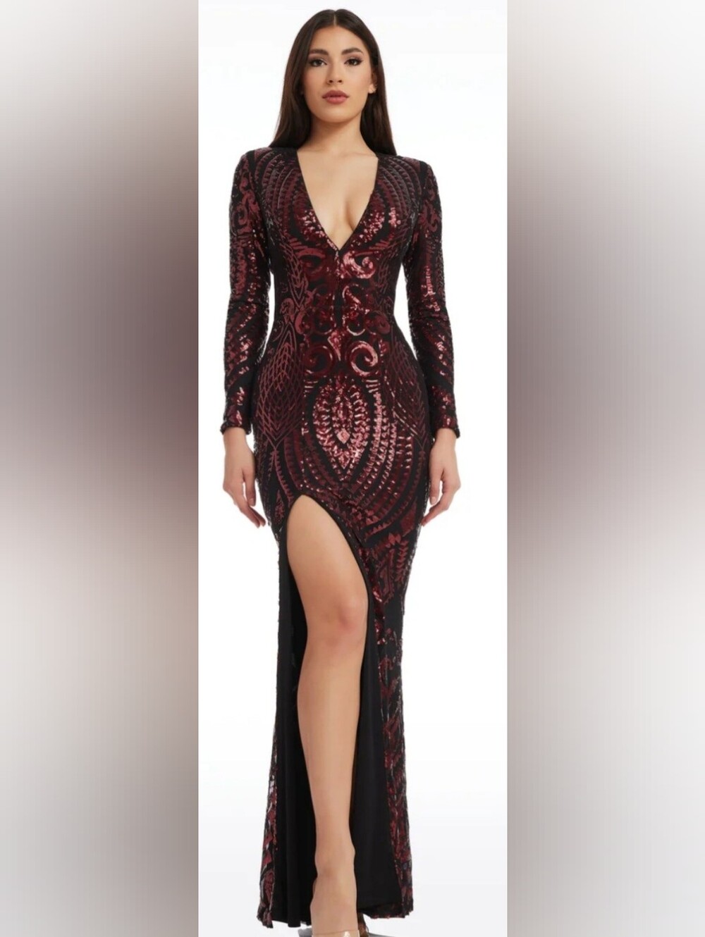 Alessandra Gown Dress the Population Burgundy & Black Long Sleeve Sequin V-Neck